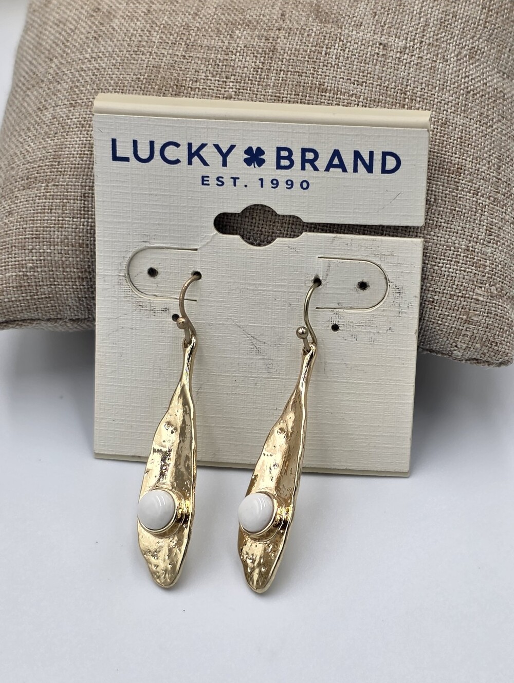 Lucky Brand Hammered Gold Tone White Stone Petal Drop Earrings French Hook NEW